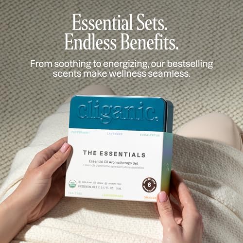 Cliganic Organic Aromatherapy Essential Oils Set (Top 6 - The Essentials), 100% Pure Natural - Peppermint, Lavender, Eucalyptus, Tea Tree