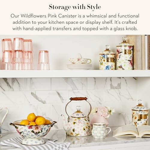 MACKENZIE-CHILDS Enamel Canister, Large, White Butterfly Garden | Hand-applied design, made from enameled steel, versatile kitchen storage container for flour and sugar, 64-ounce capacity