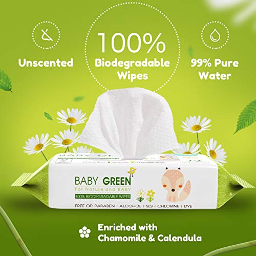 Yugi Green Baby Wipes for Babies Unscented, Made with Renewable Plant Fibers, Plant-Based, Fragrance-Free, for Sensitive Skin, 12 Packs, 72 Count