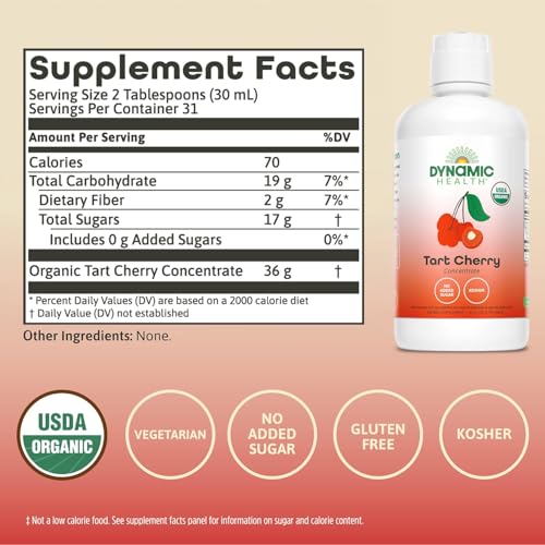 DYNAMIC HEALTH Organic 100% Tart Cherry Juice Concentrate, 32 fl oz | Antioxidant Support, Unsweetened, No Additives, 31 Servings, Vegan, Gluten Free