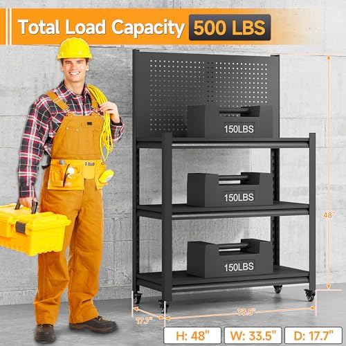 48" H Work Bench with Storage, Garage Work Bench with Pegboard and Wheels | Mobile Workbench, Adjustable Shelves, Large Pegboard, Lockable Wheels
