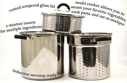 ExcelSteel 12 Qt Multifunction Stainless Steel Pasta Cooker with Encapsulated Base, Vented Glass Lid, and Riveted Silicone Covered Handles