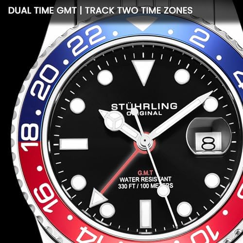 Stuhrling Original Men's Stainless Steel Jubilee Bracelet GMT Watch Quartz - 42mm Quartz Analog Wrist Watch for Men, Mens Quartz Watch, Stainless Steel Case, Casual Work Watch, Water Resistant Watch
