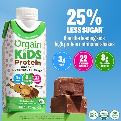 Orgain Organic Kids Dairy 8g Protein Shake, Chocolate, 8.25 oz, 4pk | Nutritional drink, grass-fed protein, 22 vitamins & minerals, 3g fiber, non-GMO, no soy, healthy snack for picky eaters