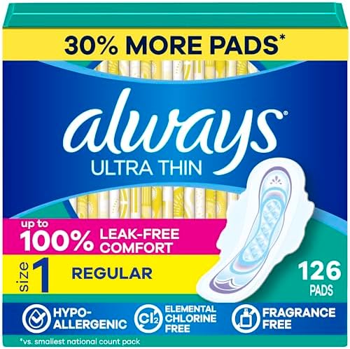 Always Ultra Thin Feminine Pads with Wings for Women, Size 1, Regular Absorbency, Unscented, Up to 100% Leak-Free Protection, 46 Count