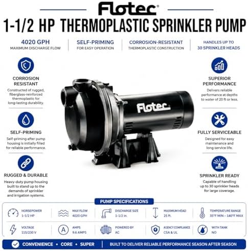 Flotec 1-1/2 HP Thermoplastic Sprinkler Pump, 4020 GPH Maximum Flow, Self-Priming Irrigation Pump, 115/230V, Corrosion-Resistant Housing