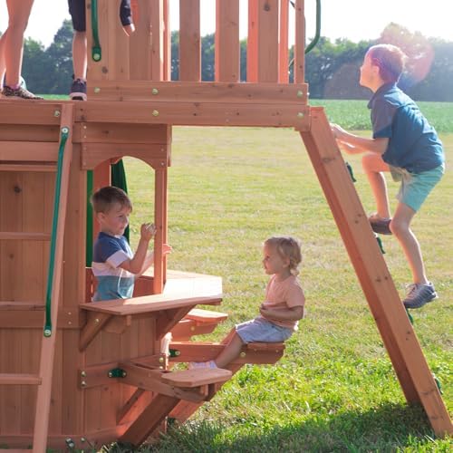 Backyard Discovery Woodland Cedar Wood Swing Set with Wave Slide, Clubhouse, Rock Wall, Snack Bar Station, Benches, Belt Swings, Trapeze, Half Door