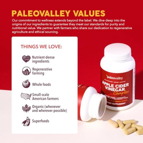 Paleovalley Apple Cider Vinegar Complex Capsules with Organic Superfoods | Gut and Digestive Support, Whole Food Nutrition, No Aftertaste, Unflavored