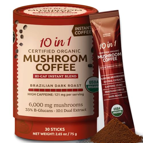 ShroomDNA Mushroom Coffee Blend with Chaga & Lion's Mane | Instant Focus + Clarity All Day | Organic + Vegan + Gluten Free | No Added Sugar | 20 Count