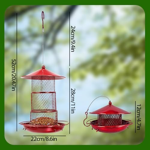 Three-Tier Metal Hanging Bird Feeder Durable and Sturdy, red Finish Large Capacity with Perch Mesh Design Features Drainage Holes (Red)