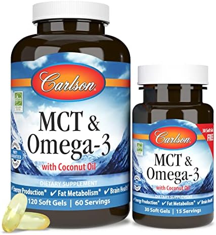 Carlson MCT & Omega-3, Keto-Friendly, Coconut Oil, 120 + 30 Softgels | Medium Chain Triglycerides, Caprylic & Capric Acids, EPA and DHA