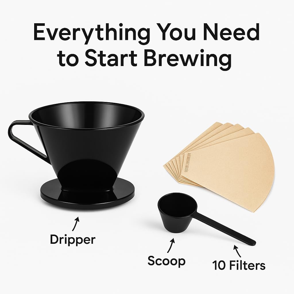 Single Cup Pour Over Coffee Dripper with Scoop & 10 Filters – #2 Cone Style Manual Brewer, BPA-Free Plastic, Portable Dishwasher Safe Coffee Maker