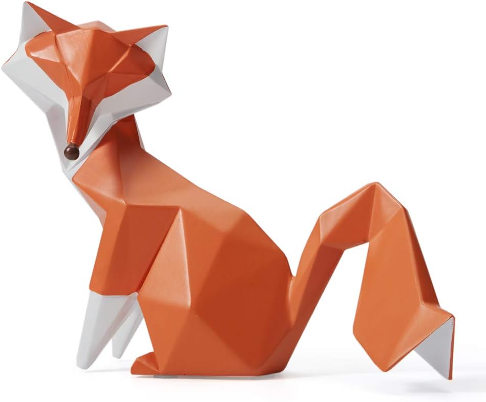 HAUCOZE Fox Statue Figurine Animal Sculpture Modern Home Decor 8.3 Inch | Orange Resin Geometric Art Birthday Holiday Gift Handmade Ornament for