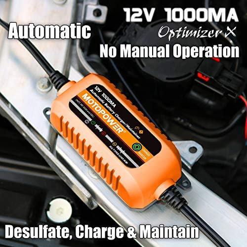 MOTOPOWER MP00205B 12V 1000mA Automatic Battery Charger, Battery Maintainer, Trickle Charger, and Battery Desulfator with Timer Protection - Grey