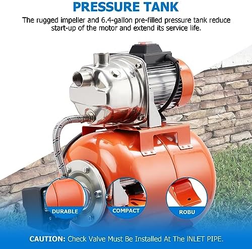 TrailBlaze 1HP Shallow Well Pump with Pressure Tank, 115V, Stainless Steel Lawn Sprinkler Irrigation Pump, Automatic Water Booster Jet Pumps for Home, Garden, Lawn, Farm