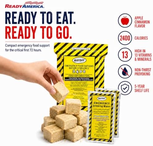 Ready America 3000, 1-Person 3-Day Survival Box, Food Water Blanket | 2400 Calorie Food Bar, Water Pouches, Emergency Blanket, Heat-Retaining Shelter
