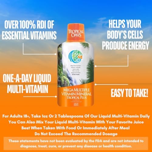 Tropical Oasis Mega Plus - Liquid Multivitamin and Mineral Supplement – Includes 85 Vitamins & Minerals, 20 Amino Acids + CoQ10