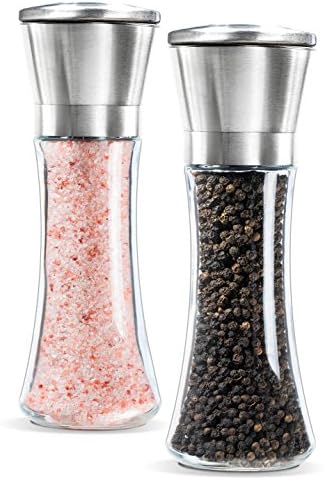 Levav Premium Salt and Pepper Grinder Set of 2- Brushed Stainless Steel Pepper Mill and Salt Mil, Glass Body