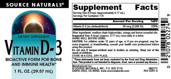 Source Naturals Vitamin D-3 Liquid Drops 2000 iu Supports Bone & Immune Health - 4 Fluid oz | Bioactive Form For Bone And Immune Health*