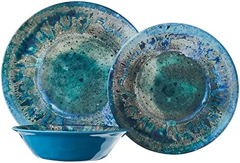 Radiance Teal 12pc Melamine Dinnerware Set – Service for 4 Plates and Bowls Set, Outdoor Dinnerware, Coastal Dishes, Unbreakable, Dishwasher Safe