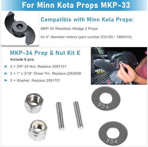 Prop Nut Kit E MKP-34 For Minn Kota Shear Pin Compatible with Minn Kota Trolling Motor MKP-33 Weedless Wedge 2 Props Including Prop Nuts & Washers