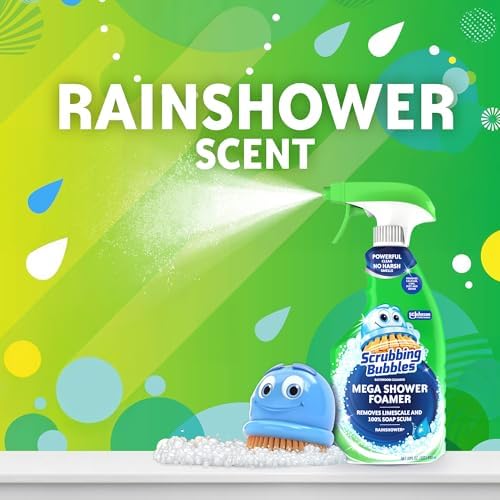 Scrubbing Bubbles Mega Bathroom and Shower Cleaner Spray, Foaming Action Removes Limescale and Soap Scum, Rainshower Scent, 32oz