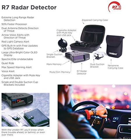 Uniden R7 Extreme Long-Range Laser-Radar Detector, Built-in GPS w/ Real-Time Alerts, Dual-Antennas Front & Rear w/Directional Arrows, Voice Alerts