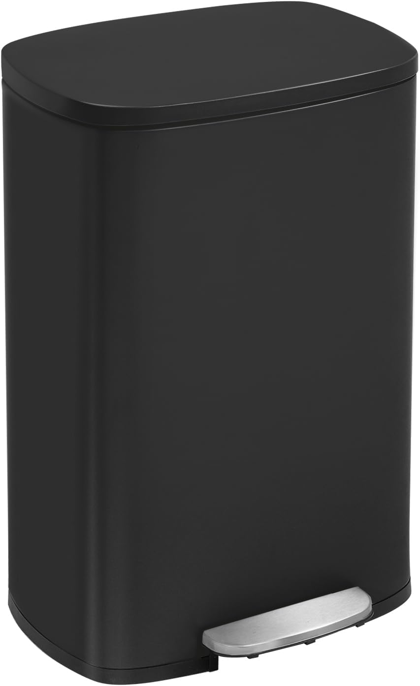 FDW | 13 Gallon Trash Can with Lid | Steel | Fingerprint-Proof | Made of Brushed Stainless Steel | Soft-Close Step Pedal | Hands-Free Use | Easy to Clean | for Kitchen, Office, Bathroom