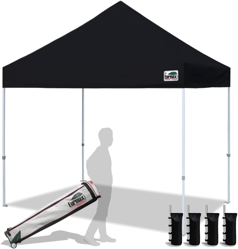 Eurmax USA 10x10ft Pop Up Canopy,Commercial Instant Tent for Outdoor Events,Patented No-Tip Rolling Storage Bag with 4 Sandbags,UV & Water Resistant,Heavy Duty Portable Shelter Gazebo,Black