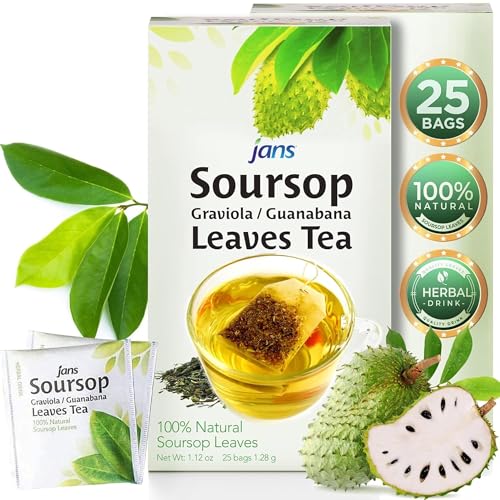 Jans Soursop Tea Bags 25 Count | 100% Natural Soursop Leaves | Caffeine Free Sour Sop Tea | Vegan Herbal Tea | Individually Wrapped Tea Bags | Cholesterol Free Sugar Free Relaxation Beverage