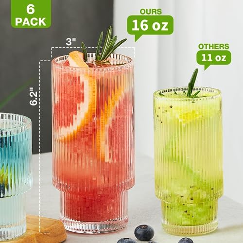 Qipecedm® 6 Pack Ribbed Drinking Glasses, 16 oz Vintage Glass Cups, Highball Glasses, Premium Iced Coffee Glasses, Clear Glass Tumbler