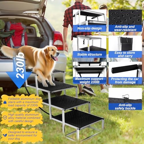 Deergym Dog Stairs for Large Dogs - 5 Step Wide 16in High 34in Foldable Dog Ramp for Car Non-Slip Surface Support up to 230lbs - Suitable for SUV,Truck, Sofas, Bed