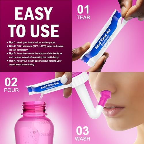 MAOEVER Neti Pot Sinus Rinse Bottle Nose Wash Cleaner Pressure Rinse Nasal Irrigation for Adult & Kid BPA Free 300 ML with 30 Nasal Wash Salt Packets and Sticker Thermometer(Blue)