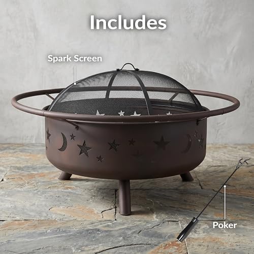 Sunnydaze Cosmic 42" Large Outdoor Fire Pit, Wood Burning, 34" Bowl Dia | Bronze, Heavy Duty Steel Metal, Includes Spark Screen, Wood Grate, & Poker, Round Backyard Firepit for Outside, Patio, Deck