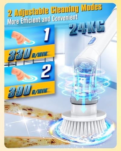 Electric Spin Scrubber, Cordless Shower Spin Scrubber with Dual Speed, 6 Replacement Brush Heads & Adjustable Extension Arm, 2H Bathroom Scrubber