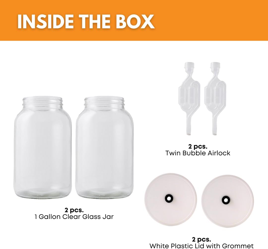 2-Pack 1 Gallon Glass Jar with Lid | Wide Mouth Twin Bubble Airlock Set | Heavy-duty Glass Jars with Airtight Lid for kombucha