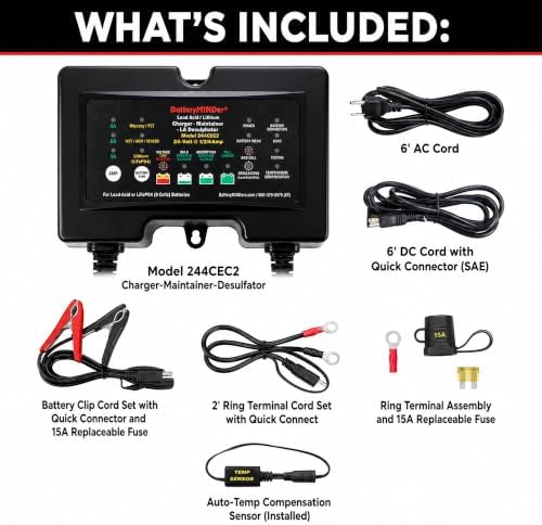 244CEC2: 24V- 1/2/4 AMP Smart Trickle Charger, Lithium (LiFePO4) Battery Maintainer, and Battery Desulfator - Designed for Trucks, Boats, RV