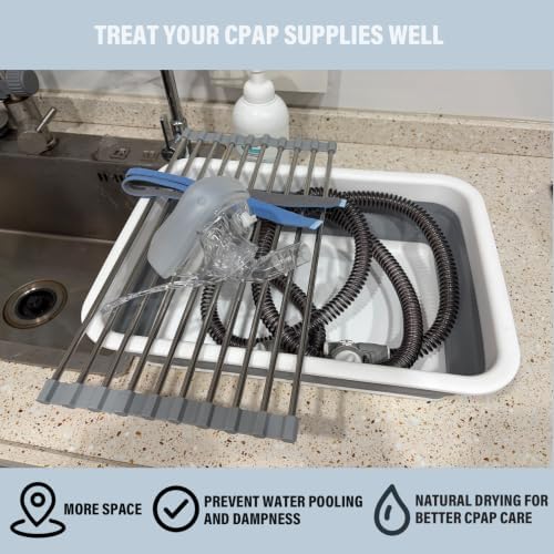 Drying Rack CPAP Cleaning Kit with Collapsible Wash Basin, CPAP Hose & Mask Cleaner Set,CPAP Storage Bag with Drying Rack（Grey）