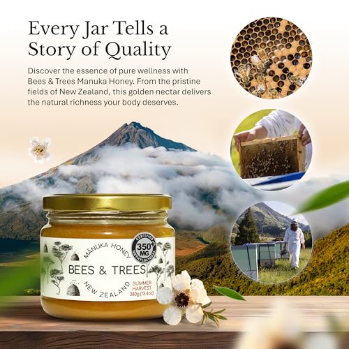 Bees & Trees Manuka Honey 550+ MGO - Raw Pure New Zealand Monofloral, 380g | Natural, Unpasteurized, Minimally Processed Mānuka Honey for Your Daily Routine, Tea, Coffee & Smoothies