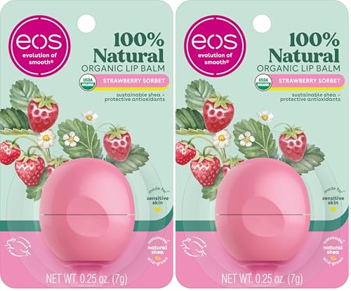 eos 100% Natural & Organic Lip Balm - Strawberry Sorbet, All-Day Moisture, Dermatologist Recommended for Sensitive Skin Care, Lip Care Products, 0.25 oz