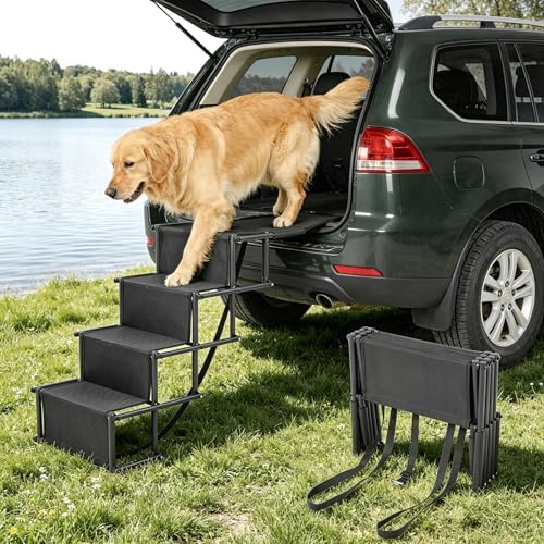 Portable Extra Wide Dog Steps, Large Dog Folding Stairs for Car, Truck, SUV | 4 Steps Non-Slip Dog Ramp for Large Dogs, Supports Up to 300 Lbs