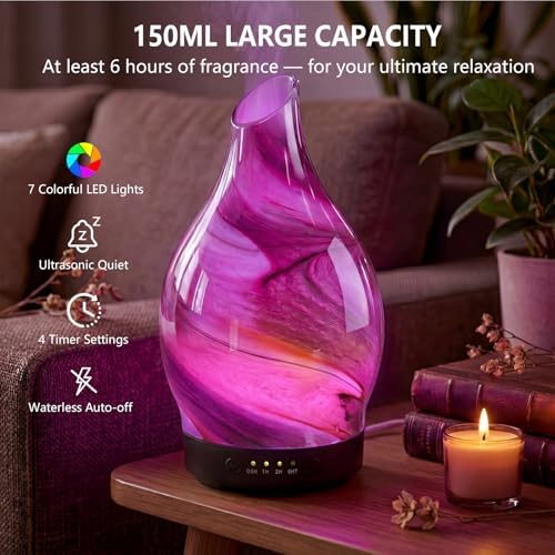 Aromatherapy Essential Oil Diffuser for Home- Art Glass Diffuser for Essential Oils with Waterless Auto Shut-Off 4 Timer 7 Colors LED Night Light