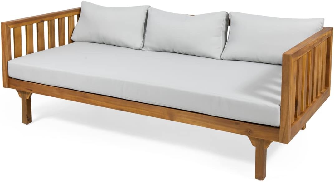 Christopher Knight Home Tina Outdoor 3 Seater Acacia Wood Daybed, Teak Finish, Light Grey