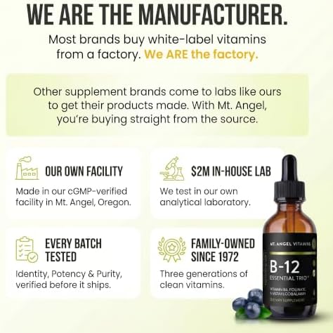 Mt. Angel Vitamins - B12 Essential Trio - Vegan Sublingual Drops with High-Potency Methyl B12, B6 & Folate - Easy Absorption Liquid - Non-GMO