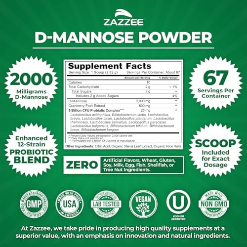 Zazzee D-Mannose Powder Plus, 2000 mg, 67 Servings, Free Scoop, Made in USA | Plus 5 Billion CFU Probiotics and Pure Cranberry Juice Extract, Kosher, 6.67 oz, Urinary Tract & Bladder Support, Non-GMO