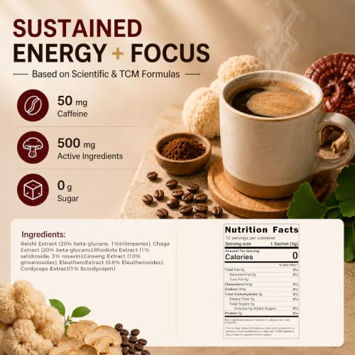 ECO-TASTE Mushroom Coffee Mix for Focus, 12 Sachets