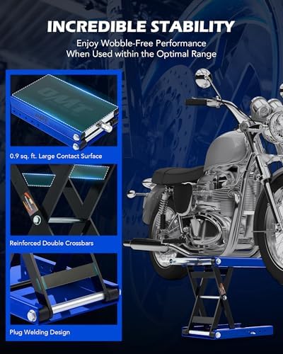 OMT 1100lb Motorcycle Scissor Lift Jack Wide Deck Motorbike Hoist Stand | Center Stand For ATV Dirt Bike Cruiser; T Handle And 3/8 Inch Socket; 3.7 To 14.6 Inch Lift; 5 Locking Holes; Chain Brush