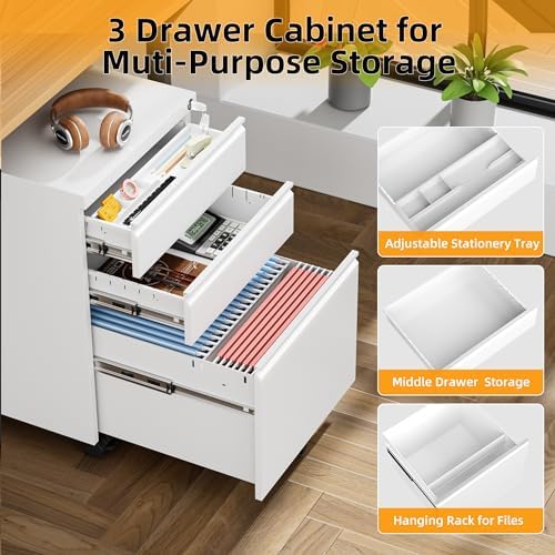3 Drawer Filing Cabinet with Lock, White Mobile File Cabinet with Wheels, Rolling Small Metal Cabinets Under Desk for Home Office, Assembled
