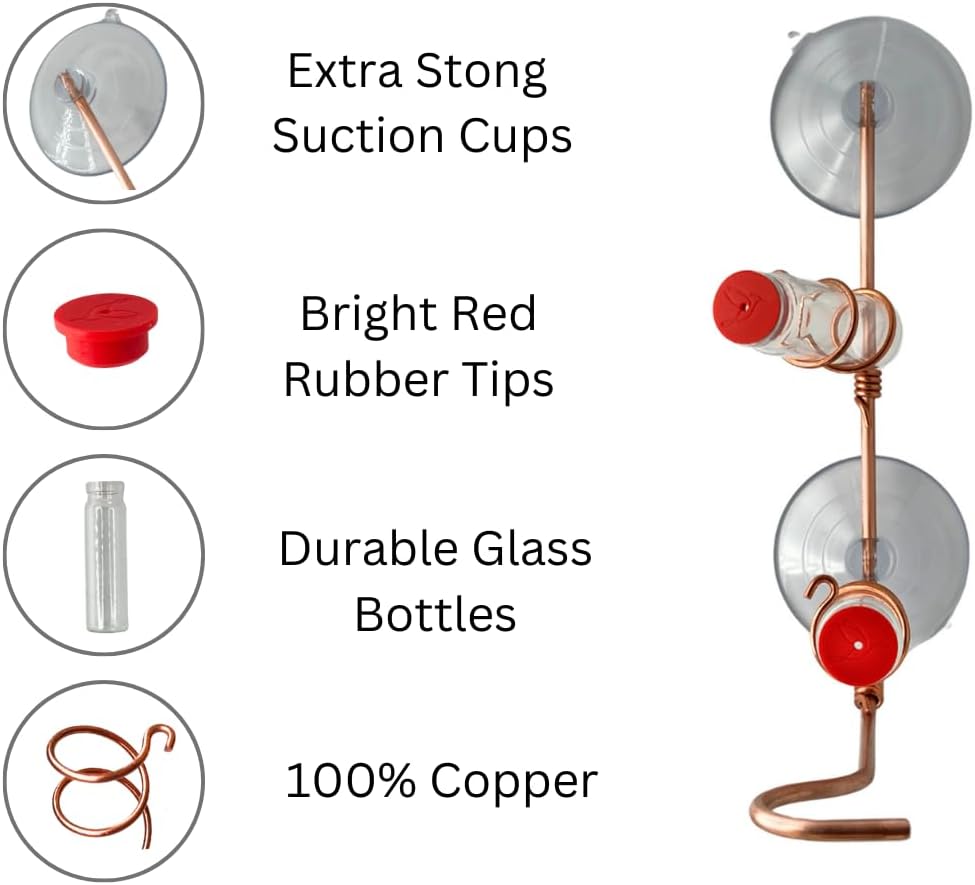 Window Hummingbird Feeder | Handcrafted Copper and Aluminum | Multiple Stations | Modern Hummingbird Feeder | Glass Bottles | Suction Cups (Copper, Four Station)
