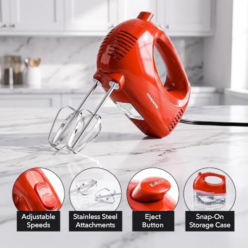 OVENTE 5-Speed Electric Hand Mixer with Storage Case,150W, White HM151W | Stainless Steel Whisks, Compact Portable Design, Lightweight Handheld Mixer for Baking & Cooking